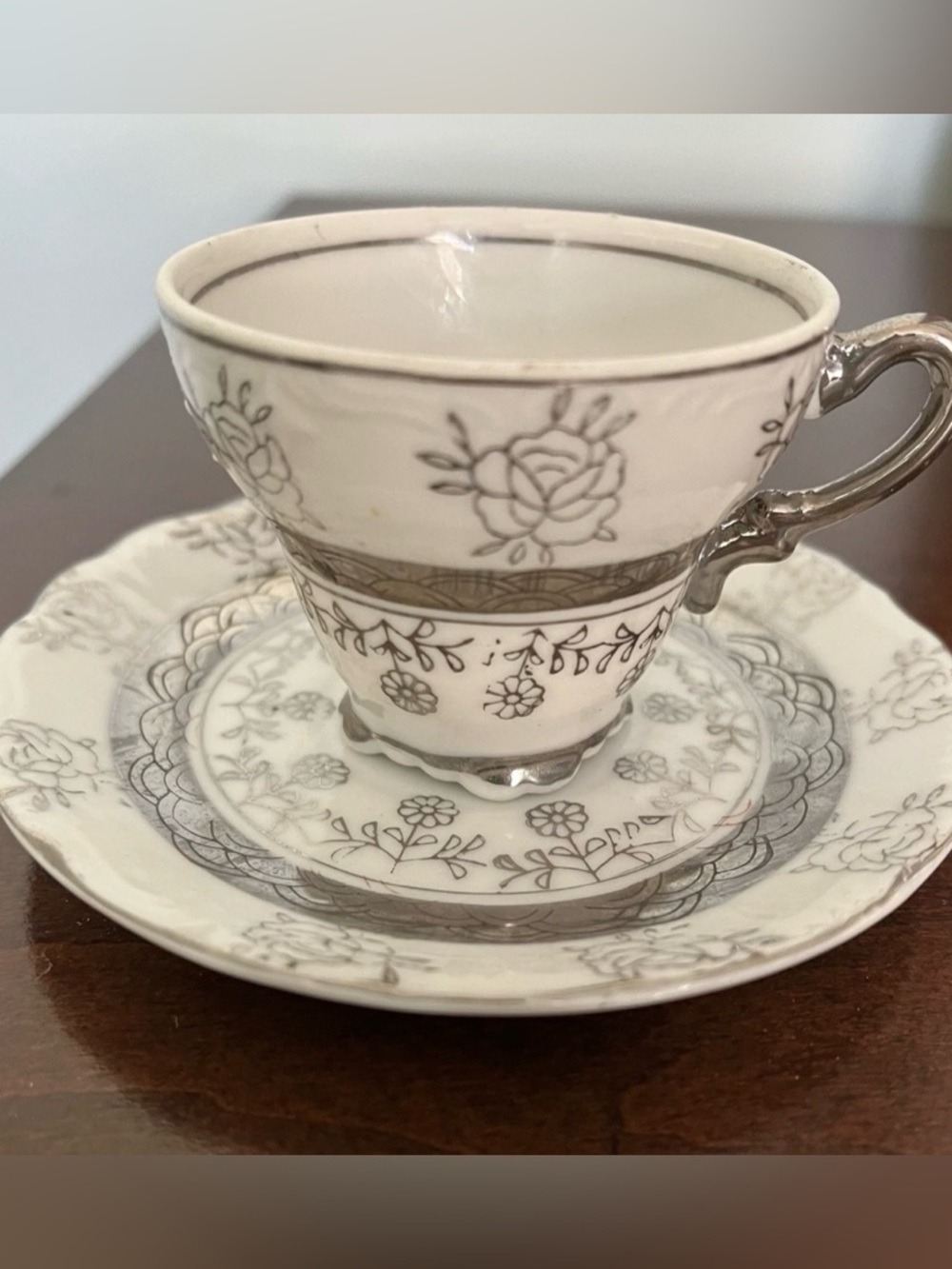 Porcelain Mini Tea Cup and Saucer Set Silver Trim